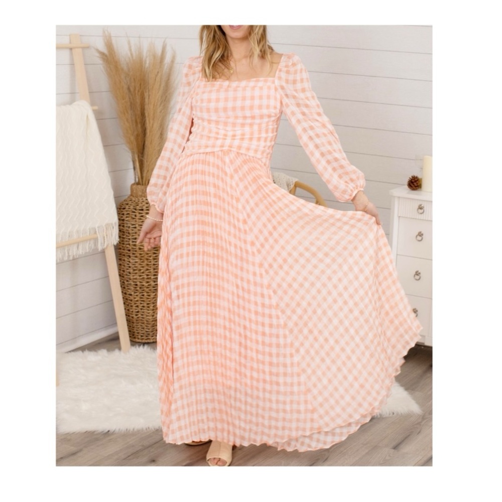 Kestan Coquette Style Baby Pink Gingham Square neck Long Sleeve Maxi Dress
